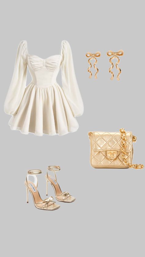 White short dress with long sleeves, golden heels and a Chanel mini bag algo in gold. For this outfit idea I added golden earrings in ribbon shape White And Gold Outfits Casual, White And Gold Birthday Outfit, Gold Outfits For Women Classy, Preference Day Sorority Outfits, Fancy Girl Outfits, White And Gold Outfits Classy, White Dress Outfit Aesthetic, Gold Outfit Aesthetic, White And Gold Outfits