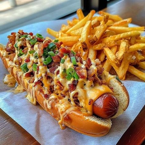 Recipes | Facebook Hot Dog Fries, Hot Dog For Dinner, Loaded Hot Dogs, Grill Hot Dogs, Gourmet Hotdogs, Hot Dog Grill, Hot Dog Place, Frozen Fries, Fried Hot Dogs