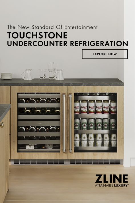 Your entertainment standard starts with the all-new ZLINE Touchstone Wine Coolers and Beverage Fridges. Available now.🖤 Tap to explore Touchstone Undercounter Refrigeration! Hair Salon Reception Area, Man Kitchen, Dwell Kitchen, Undercounter Wine Cooler, Salon Reception Area, Boulder House, Zline Kitchen, Split Foyer, Beverage Coolers