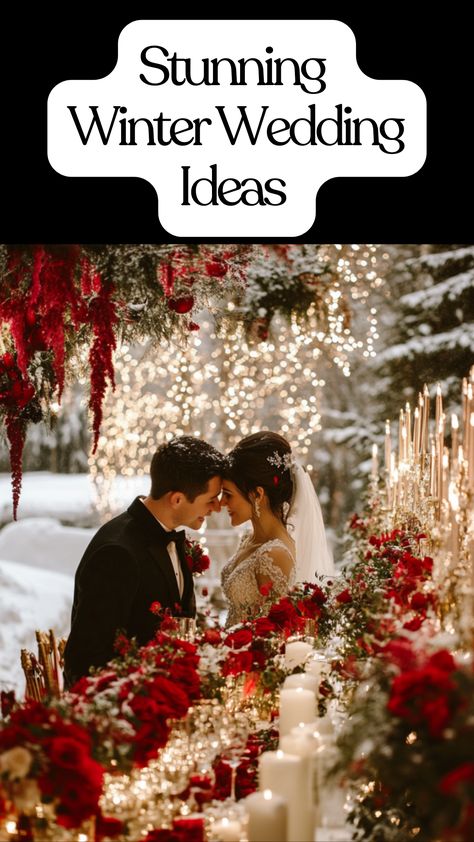 Winter wedding inspiration featuring elegant décor, snowy outdoor ceremonies, and cozy receptions. Rich color palettes, seasonal flowers, and unique lighting create a magical celebration. Rustic Winter Wedding Ideas, Christmas Wedding Ceremony, Winter Wedding Hairstyles, Red Winter Wedding, Winter Wedding Red, Intimate Winter Wedding, Beach Wedding Groomsmen, Winter Wedding Ideas, Snowy Wedding