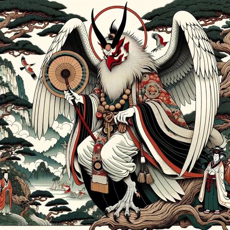 Tengu (天狗?, heavenly dog) are a type of legendary creature in Japanese folk religion, and they are also considered Shinto gods (kami) or yōkai. Although their name contains the. Shinto Gods, Japanese Yokai, Japanese Mythology, Red Mask, Mythology Tattoos, Japanese Folklore, Japanese Artwork, Legendary Creature, Masks Art