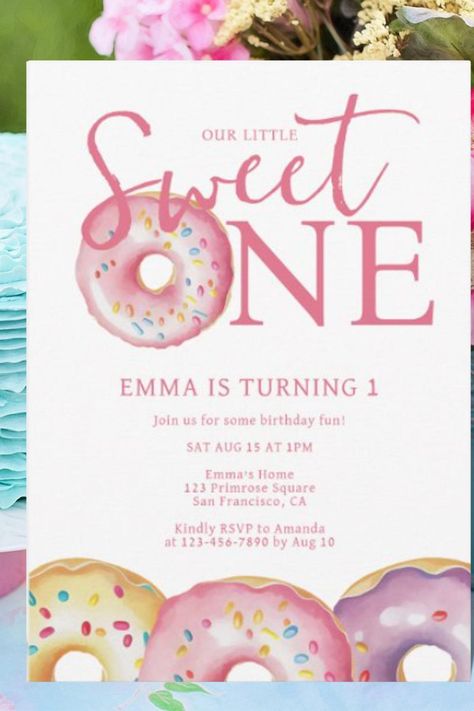 Donut Sweet One 1st Birthday Party Invitation Sweet One 1st Birthday, Donut Themed Birthday Party, Birthday Donuts, Purple Girl, Pink Donut, 1st Birthday Party Invitations, First Birthday Party Themes, First Birthday Themes, Party Details