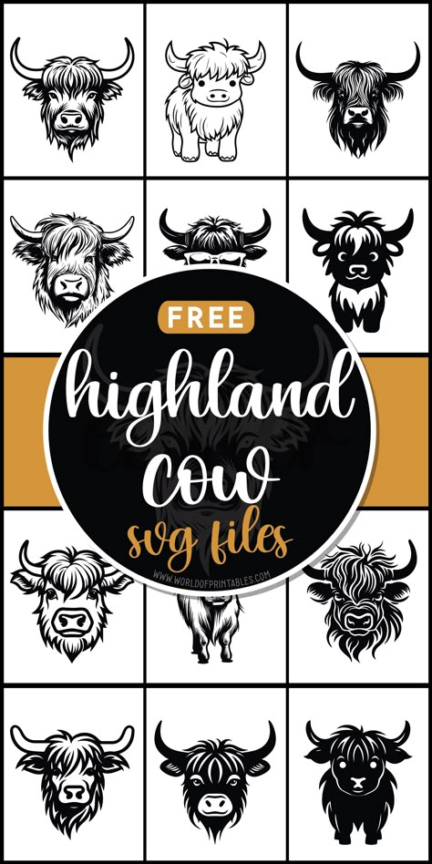 Free Highland Cow Svg Files For Cricut, Svg Ideas Design, Wecreat Vision Projects, Highland Cow Printable Free, Free Highland Cow Svg, Highland Cow Pumpkin Carving, Farm Svg Files Free, Free Laser Cut Files Svg, Cow Svg Free Files For Cricut