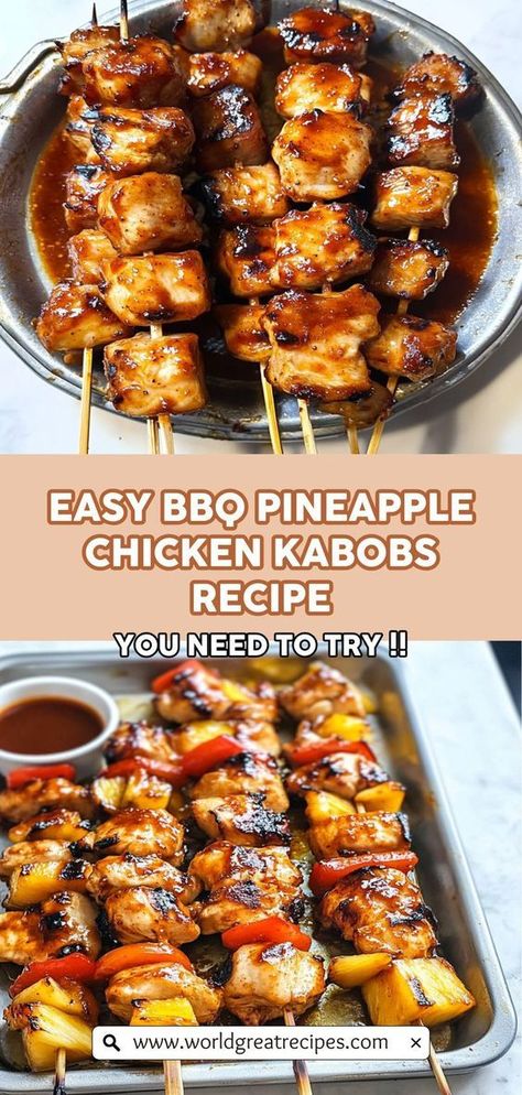 Elevate your summer cookouts with these BBQ pineapple chicken kabobs that are bursting with flavor. Each skewer features tender marinated chicken, juicy pineapple chunks, and vibrant bell peppers, all grilled to perfection. This easy recipe is perfect for both beginners and seasoned grillers, ensuring a delightful sweet and savory experience. Serve with a side of coconut rice for a tropical twist that will impress family and friends alike. Bbq Pineapple Chicken, Quick Easy Family Meals, Bbq Pineapple, Pineapple Chicken Kabobs, Chicken Kabob Recipes, Pineapple Chunks, Easy Bbq, Pineapple Chicken, Chicken Kabobs