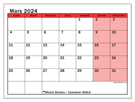 Calendrier mars 2024 502LD Mars