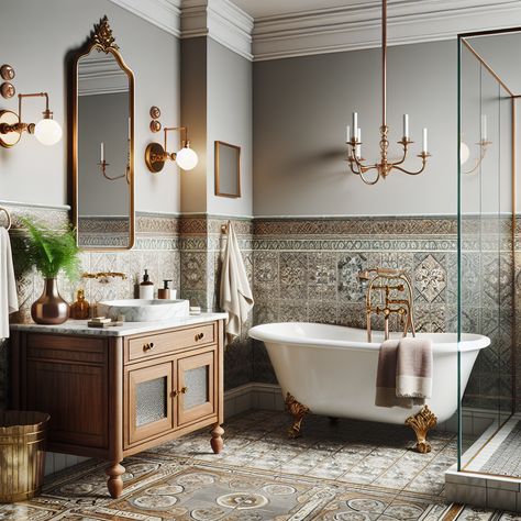 This bathroom should feature key elements associated with such a style, including a claw-foot bathtub, ornate wooden vanity with a marble top, brass fixtures, and ceramic floor tiles with intricate patterns. Add elements that reflect a modern touch, such as sleek glass shower enclosure, minimalistic lighting fixtures, and a touch of greenery with a potted fern. This image should provide a sense of elegance and timelessness, able to serve as inspiration for a bathroom remodeling project. Victorian Bathroom Decor, Vintage Bathroom Inspiration, Colonial Bathroom, Historic Bathroom, Small Colonial, Hillside House, Victorian Bathroom, Vintage Inspired Decor, Vintage Bathrooms