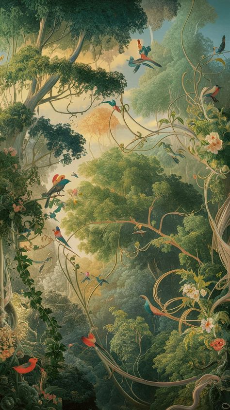 Transform your space with our breathtaking wallpaper inspired by Impressionism and Art Nouveau. Experience the vibrant jungle ecosystem, featuring towering trees, exotic birds, and an explosion of colorful flowers. The dappled sunlight creates a tranquil ambiance, harmonizing nature with artistic design. Perfect for nature lovers and decor enthusiasts. #JungleWallpaper #ImpressionistArt #ArtNouveau #InteriorDesign Nouveau Wallpaper, Art Nouveau Wallpaper, Dappled Sunlight, Jungle Art, Black Ground, Around The World In 80 Days, Jungle Wallpaper, Japanese Drama, Impressionist Art