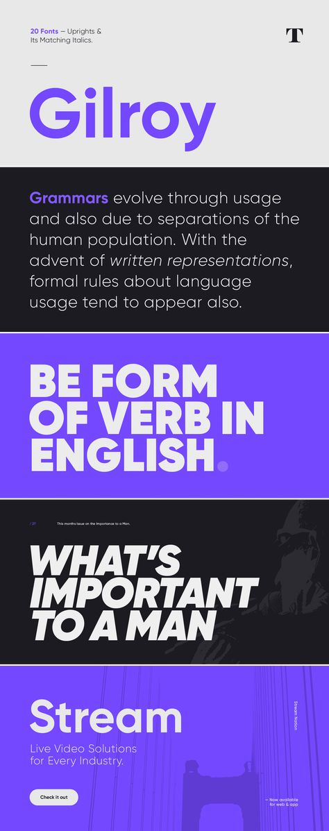 Designed by @Radomir Tinkov, Gilroy is a modern sans serif with a geometric touch. An older brother of the original Qanelas font family. It comes in 20 weights, 10 uprights and its matching italics. The Light & ExtraBold weights are free of charge, so you can use them to your heart’s content. #font #branding #typeface #typography #inspiration #digitalart #lettering #graphic #sansserif #modern Geometric Sans Serif Font, Gilroy Font, Typography Examples, Fonts Website, Types Of Fonts, Logo Board, Typeface Typography, Font Branding, Geometric Font
