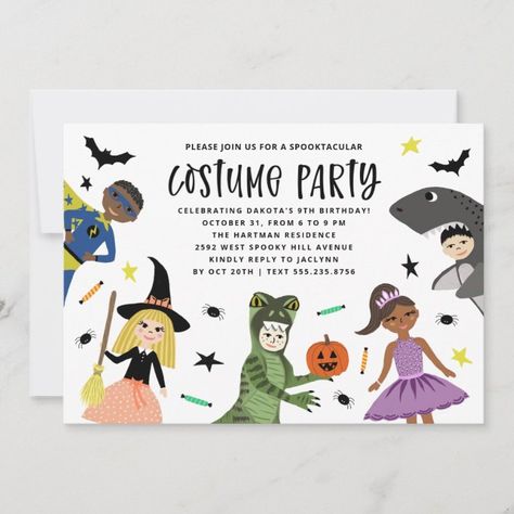 Cute Modern Halloween Birthday Costume Party Invitation - halloween invitations wbg Disney Villains Halloween, Halloween Birthday Costume, Birthday Costume Party, Villains Halloween, Halloween Invitations Kids, Halloween Birthday Party Invitations, Halloween Costume Party Invitations, Costume Party Invitations, Birthday Costume