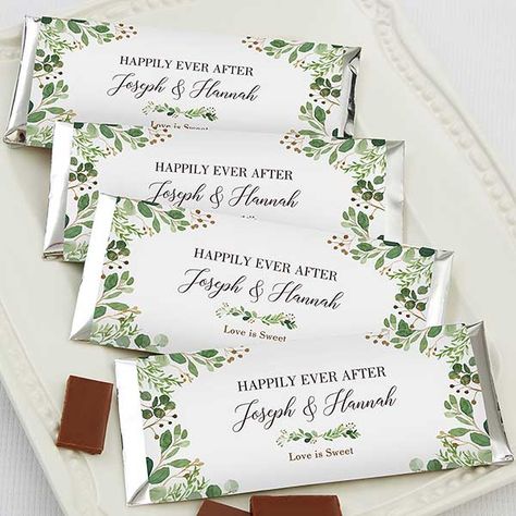 Laurels of Love Personalized Candy Bar Wrappers for Wedding Mason Jar Candle Favors, Wedding Candy Bar Wrappers, Personalized Candy Bar Wrapper, Personalized Candy Bars, Personalized Mason Jars, Candy Bar Wedding, Wedding Chocolate, Personalized Candy, Chocolate Bar Wrappers