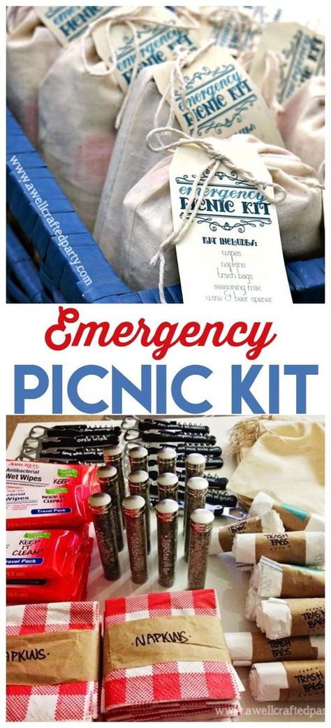 DIY Emergency Picnic Kit | Be ready for summer fun at a moments notice. Free printable tag for diy gift making. See more on todayscreativelife.com Creepy Paper Mache, Paper Mache Halloween Decorations, Picnic Basket Diy, Picnic Gift Basket, Paper Mache Halloween, Freshman Orientation, Picnic Gifts, School Fair, Emergency Prepardness