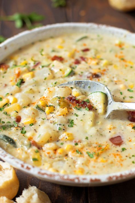 Summer Corn and Zucchini Chowder | lifemadesimplebakes.com Corn And Zucchini Chowder, Zucchini Chowder, Corn And Zucchini, Zucchini Corn, Chowder Recipe, Corn Soup, Summer Corn, Creamy Potato, Corn Chowder