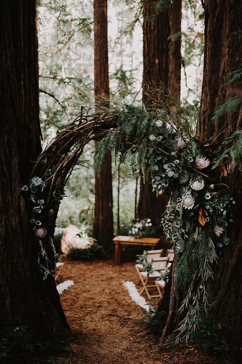 Tiny Forest Wedding, Moss Wedding Arch, Woodsy Wedding Arch, Redwood Wedding Decorations, Forest Wedding Arch, Wooded Ceremony, Redwood Wedding Ceremony, Forest Wedding Flowers, Gothic Forest Wedding