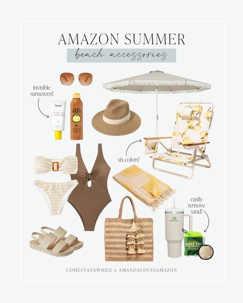 Adorable neutral beach accessories for summer! Everything you need for a day at the beach! Matching beach tote and sunhat. Must have sand remover bag. Cute beach sandals for women. 

Beach day essentials | Summer must haves | Brown Swimsuits for Women | Cute Swimsuits 

Follow comestayawhile for DIY projects, neutral home decor, casual outfit inspo, makeup and skincare routine, lifestyle, parenting, & more. Follow amandalovesamazon for home inspiration, fashion finds, & beauty items from Amazon. Beach Essentials For Women, Skincare From Amazon, Amazon Beauty Must Haves, Routine Lifestyle, Beach Day Essentials, Accessories For Summer, Brown Swimsuit, Summer Must Haves, Inspo Makeup