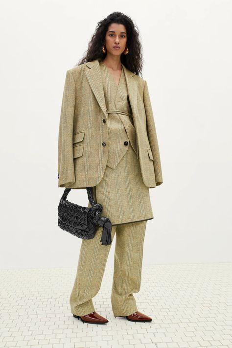 Bottega Veneta Pre-Fall 2024 Collection | Vogue Runway 2024, Pastel Pants, Leopard Print Pants, Striped Knit Dress, Shirt Tucked In, Pre Fall Collection, Androgynous Fashion, Business Suit, Vogue Runway