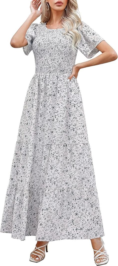 Amazon.com: Kranda Fall Dresses for Women 2023 Summer Round Neck Flutter Short Sleeve Casual Beach Maternity Dress Swing Flowy Smocked Ruffle Tiered Burnt Orange Floral Maxi Dress Caramel S : Clothing, Shoes & Jewelry Puff Sleeve Maxi Dress, Flowy Dress Long, Flowy Floral Dress, Maxi Dress Wedding Guest, Boho Midi Dress, Grey Midi Dress, Boho Floral Dress, Lightweight Dress, Midi Dress Casual