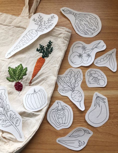 My Peel, Stick, and Stitch embroidery designs are perfect for adding delicious vegetable designs to your life. This pack includes a carrot, squash, tomatoes, eggplant, pumpkin, radish, peppers, broccoli, kale, and peas. Whether you want to add embroidery to a shirt, a jacket, or leave them displayed in a hoop, these designs are the perfect compliment.This kit is designed for those who already have many sewing supplies and love choosing their own Stick And Stitch Embroidery, Towel Embroidery Designs, Chain Embroidery, Embroidery Napkins, Stick And Stitch, Vegetable Design, Stitching Embroidery, Veggie Delight, Towel Embroidery