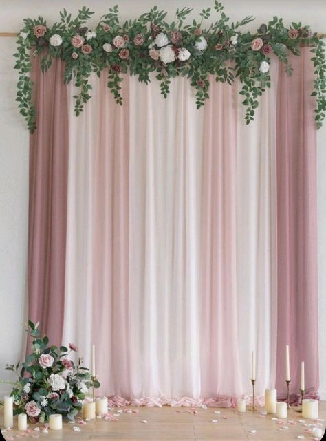 Simple Curtain Backdrop Ideas, Background Lamaran Simple, Green And Pink Backdrop, Curtain Backdrop Ideas, Curtain Backdrop Wedding, Drapes For Wedding, Bridal Shower Home, Rice Ceremony, Ribbon Backdrop