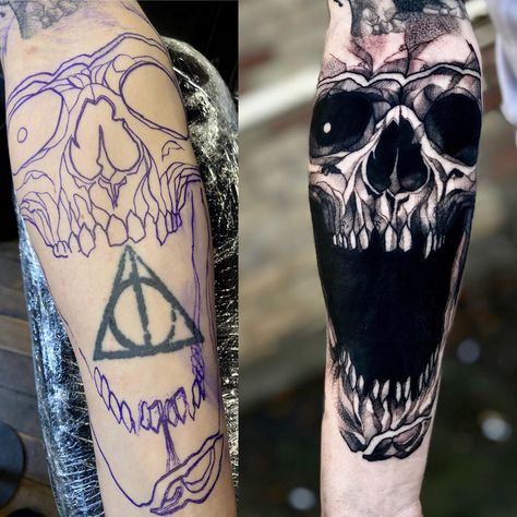 Tattoo Ideas For Men Forearm Cover Up, Dark Skull Cover Up Tattoo, Dark Tattoo For Cover Up, Tattoo Coverups Men, Big Dark Tattoo Cover Up, Dark Black Tattoos Coverup, Black Work Cover Up Tattoo, Black Out Tattoo Cover Up, Men Cover Up Tattoos Ideas