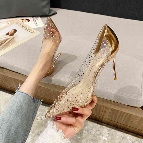 none Transparent High Heels, Gold Stiletto Heels, Wedding Shoes Pumps, Lace Up High Heels, Chunky Heel Shoes, Boots For Short Women, Rhinestone Shoes, Stunning Shoes, Pumps Heels Stilettos