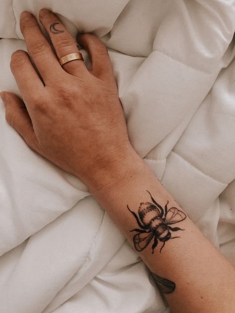 Bee Arm Tattoos For Women, Patchwork Bee Tattoo, Bee Tattoo On Arm, Bee Tattoo Forearm, Bee Wrist Tattoos For Women, Minecraft Bee Tattoo, Bee Tattoo Leg, Bee Leg Tattoo, Bee Arm Tattoo