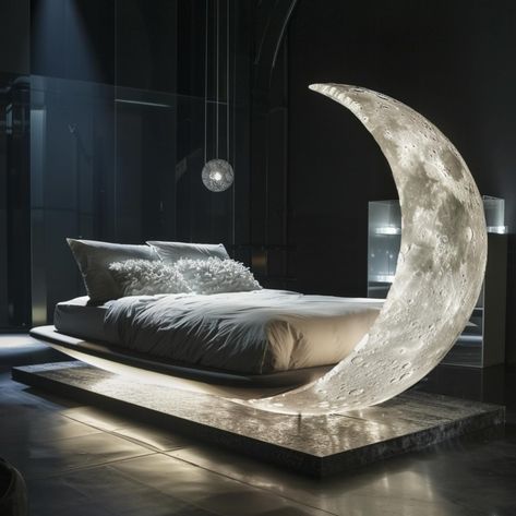 Crescent moon beds, with their elegantly curved designs reminiscent of the gentle arc of a crescent moon, evoke a sense of tranquility and grace in any bedroom. These beds often feature a gracefully curved headboard that mimics the shape of the moon, creating a focal point that is both striking and soothing. The design not only adds a touch of sophistication to the room but also promotes a sense of relaxation, making it an ideal choice for creating a peaceful retreat within the home. Concept... Weird Beds, Space Themed Bedroom, Curved Headboard, The Milky Way, Space Decor, Bedroom Lighting, Milky Way, Interior Design Bedroom, Bed Design