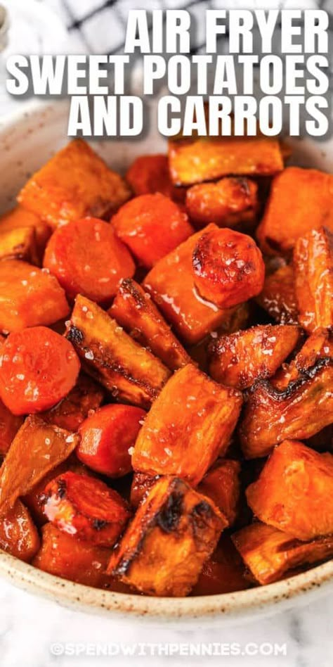 Try adding other vegetables to roasted sweet potatoes and carrots, like onion, butternut squash, parsnips, or turnips. Hearty root vegetables are satisfying seasoned and air fried in olive oil. #spendwithpennies #roastedsweetpotatoesandcarrots #sidedish #recipe #airfryer #airfried #roasted #oven #brownsugar #honey Potato Carrot Recipe, Baked Bruschetta, Air Fryer Sweet Potatoes, Sweet Potatoes And Carrots, Millionaire Pie, Air Fryer Vegetables, Antipasto Skewers, Veggie Fries, Potatoes And Carrots