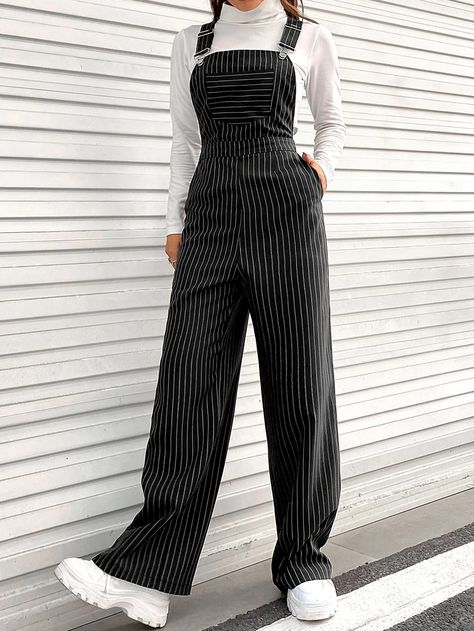 Striped Print Overall Jumpsuit Without Top | SHEIN USA Shein Jumpsuits For Women, Polka Dot Jumpsuit Outfits, Striped Overalls Outfits, Stripe Jumpsuit Outfit, Jumpsuit Designs, Casual Pullover Outfit, Jumpsuit Outfit Casual, Overalls Outfits, Striped Overalls