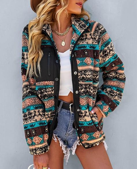 SELINK Womens Fleece Jacket Western Aztec Print Long Sleeve Snap Button Down Shacket Jackets with Pockets Plush Coat, Fleece Jacket Womens, Cardigan Casual, Weave Style, Sleeves Clothing, Casual Vest, Street Look, Business Outfit, Sherpa Jacket