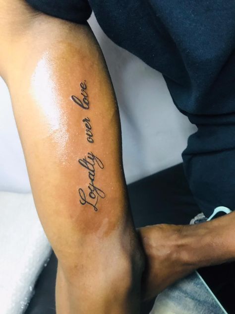 #tatto #loyalty Loyalty Cursive Tattoo, Love Over Loyalty Tattoo, Loyalty Quote Tattoo, Tattoos About Loyalty, Loyalty Tattoo Designs For Women, Loyalty Over Love Tattoo For Women Ideas, Loyalty Over Love Tattoo For Men, Love Loyalty Out Values Everything Tattoo, Loyalty Over Everything Tattoo