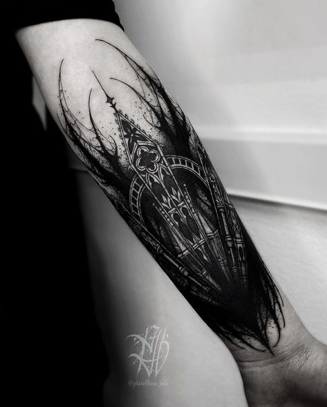 Dark Gothic Tattoo | Tbilisi | Georgia | Gothic Castle | 7 hours I'm booking for tattoo sessions in Tbilisi for May and June✍🏻 For all questions please contact me in DM ->… | Instagram Roman Gothic Tattoo, Gothic Upper Arm Tattoo, Cathedral Tattoo Gothic, Gothic Filigree Tattoo, Gothic Leg Sleeve Tattoo, Neo Gothic Tattoo, Gothic Tattoo Ideas For Men, Gothic Stomach Tattoo, Goth Arm Tattoo