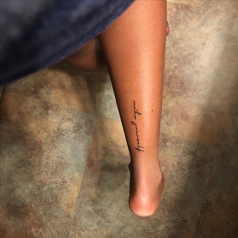 Womens Small Tattoo Placement, Back Of Leg Writing Tattoo, Calf Name Tattoo, Back Of Leg Small Tattoo, Shin Tattoo Words, Vertical Ankle Tattoos For Women, Writing Tattoos For Women On Arm Sleeve, Calf Tattoo Placement For Women, Ankle Lettering Tattoo