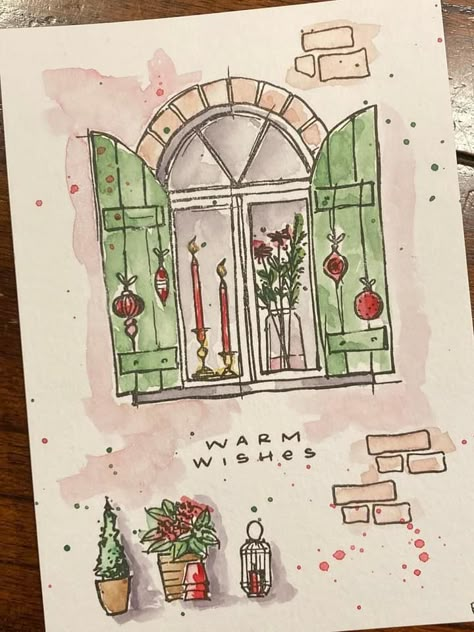 Christmas Card Design Watercolor, Diy Christmas Watercolor Cards, Watercolor Xmas Card Ideas, Aquarelle Christmas Card, Watercolor Fireplace, Christmas Card Aquarell, Christmas Aquarelle Card, Christmas Window Drawing, Aquarell Christmas