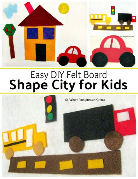 A fun and easy felt board play set using shapes! Help toddlers and preschoolers learn shapes with a shape city and shape trucks! Felt Board Templates, Diy Felt Board, Felt Board Patterns, Learn Shapes, Felt Boards, Flannel Board Stories, Felt Board Stories, Felt Stories, Shapes Preschool