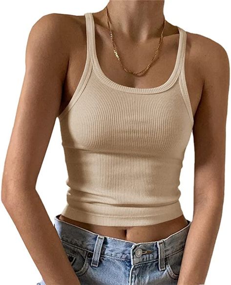 Artfish Women's Sleeveless Tank Top Form Fitting Scoop Neck Ribbed Knit Basic Oatmeal Color Cami Tight Fitted Beige Tan M at Amazon Women’s Clothing store Crop Top Camisole, Print Shirts Women, Knitted Crop Tank Top, Crop Top Designs, Cami Shirt, Womens Sleeveless Tops, Ribbed Crop Top, Sport Dress, Ribbed Tank Tops