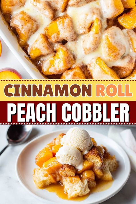 Made with pie filling and refrigerated dough, this 2-ingredient cinnamon roll peach cobbler is a quick breakfast or dessert the whole family will love. Easy Dessert With Peaches, Easy Family Dessert Recipes, Cinnamon Peach Crumble Bars, Peaches And Biscuits Desserts, Cinnamon Rolls With Peach Pie Filling, Cinnamon Rolls Pie Filling, Dessert Cobbler Recipes, Crockpot Peach Cobbler Cinnamon Rolls, Easy Peach Cobbler Cinnamon Rolls