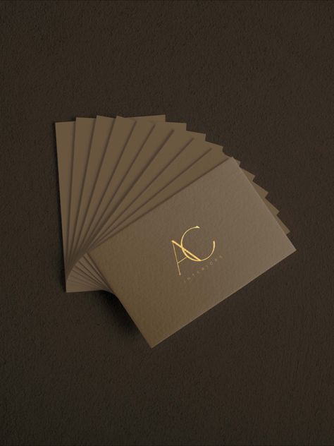 Brown And Gold Business Cards, Luxury Brand Business Card, Business Name Logo Ideas, Gold Embossed Business Cards, Brown And Gold Branding, Interior Designer Business Card Creative, Luxury Visiting Card Design, Interior Design Card Business, Luxury Brand Ideas