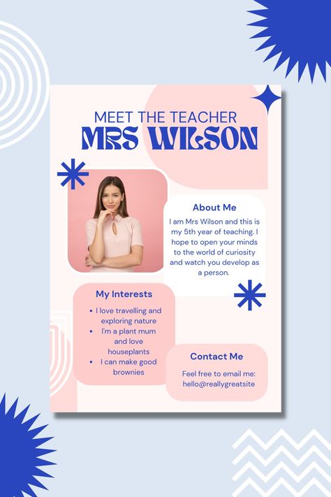 Pink, blue, white, fun, quirky, meet the teacher, meet your teacher, school, back to school, fun Social Skills Groups, Pamphlet Design, Custom Flyers, Team Page, Flyer Printing, Leaflet Design, Moral Values, Bridal Shower Invitations Templates, Meet The Teacher