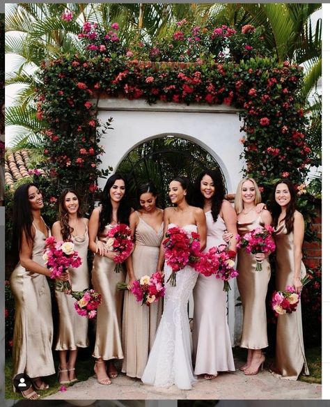 Latin Inspired Wedding Dress, Gold Bridesmaids Dresses, Latin Inspired Wedding, Mexican Bridesmaid Dresses, Spanish Style Weddings, Spanish Themed Weddings, Bougainvillea Wedding, Latin Wedding, Spanish Style Wedding