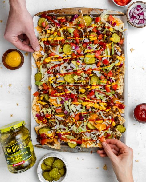 Cheeseburger Nachos Cheeseburger Nachos, Classic Nachos, Hot Banana Peppers, Kosher Dill Pickles, Pickle Recipes, Green Snacks, Pickle Butter, Sweet Heat, Beef Burger