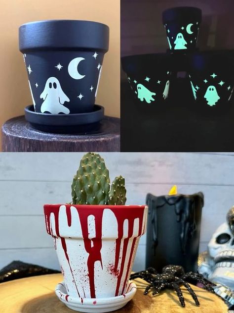 Pot Painting Party Ideas, Halloween Painted Plant Pots, Halloween Terra Cotta Pots, Painted Clay Pots Ideas Diy, Spooky Painted Pots, Diy Plant Pot Decoration, Halloween Plant Pot Ideas, Spooky Painted Flower Pots, Plant Halloween Decorations