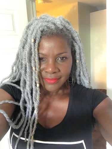 "I absolutely love the Bo Locs...I purchased 8 packs... used 4.75 packs... the locs are so light weight.... feels like nothing is on my head.,, love that... and they look great... so very happy with my purchase." - Dedra K. Silver Faux Locs, Grey Faux Locs Black Women, Gray Locs Black Women, Grey Hair Braids, Twist Cornrows, Grey Hair Looks, Silver Haired Beauties, Grey Hair Inspiration, Dreadlock Hairstyles For Men