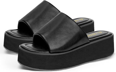 Sandals Y2k, Black Slide Sandals, Chunky Black Sandals, Platform Wedges Shoes, Black Platform Sandals, Black Slides, Casual Wear Women, Sandal Platform, Chunky Sandals