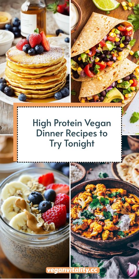 Fuel your evening with these delicious high-protein vegan dinners! Packed with ingredients like lentils, seitan, and chickpeas, these recipes are filling, flavorful, and nutrient-rich. Whip up savory plant-based meals that are sure to please your palate while providing plenty of protein! #HighProteinVeganDinner #HealthyVeganMeals #VeganProteinRecipes Easy Vegetarian Recipes Protein, Vegan Fiber Meals, Protein Rich Vegetarian Breakfast, Protein Rich Vegetarian Meals, Vegetarian Whole Food Recipes, High Protein Low Carb Vegan Recipes, Whole Food High Protein Meals, High Protein Bean Recipes, High Protein Dinner Vegetarian