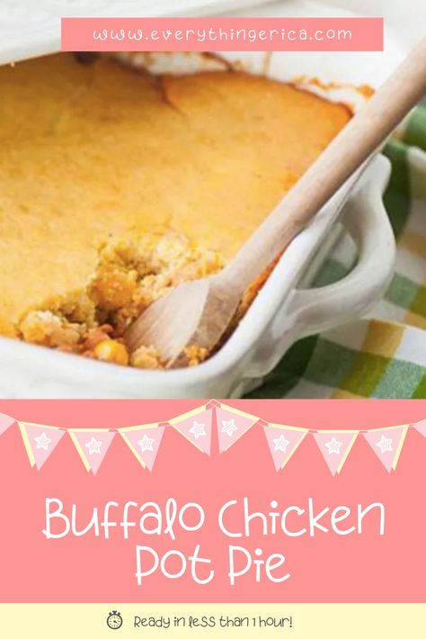 This Buffalo Chicken Pot Pie recipe is absolutely delicious. It is loaded with chicken, carrots, celery, blue cheese, and buffalo sauce. To set the dish completely over the top, I added a cornbread crust! Chicken Pot Pie With Cornbread, Cornbread Casserole Recipes, Chicken Cornbread Casserole, Cornbread Crust, Cornbread Casserole Recipe, Chicken Carrots, Chicken Cornbread, Fall Favorites Recipes, Chicken Pot Pie Recipe