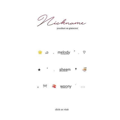 ୨୧ . ♡ ' (lvs.yoonha on ig) : #yoonha #yoonha4 #nicks #messy #estetica #nickname (click on visit) Name Decoration Ideas, Soft Names, Nicknames Aesthetic, Nick Names, Japan Core, N Names, Cool Text Symbols, Cute Bios, Cute Text Symbols