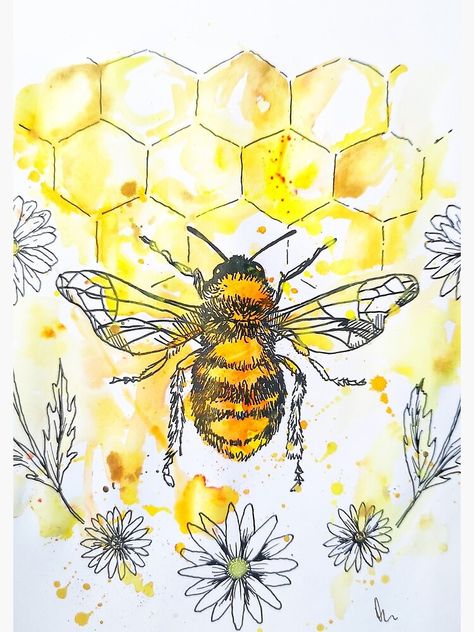 Drawing Of A Bee, Honeycombs Drawings, Bee Journal, Black Pen Drawing, Bee Drawing, Bee Painting, Bee Illustration, Watercolor Painting Techniques, Pretty Drawings