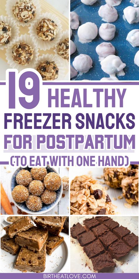 Easy no bake healthy snacks for postpartum! Here are some good healthy freezer snacks for eating during the 4th trimester. Stock your freezer with postpartum snacks that you can eat one-handed while you hold baby! #postpartum Snacks For Home Birth, Quick Postpartum Snacks, Postpartum Fridge Stock, Healthy Snacks When Pregnant, Make Ahead Freezer Snacks, Dairy Free Postpartum Meals, Best Foods Postpartum, Freeze Ahead Snacks, Easy Freezer Snacks