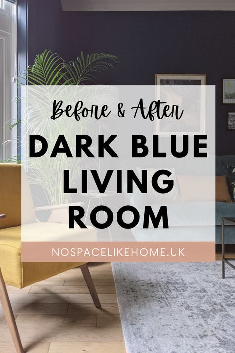 Transformation of the living room in an Edwardian terrace by interior design company, No Space Like Home. With walls painted in Gentleman’s Gray by Benjamin Moore, we show you how we created a cosy lounge with lots of dark living room ideas, whether you live in an Edwardian or Victorian home. #darkbluelivingroom #darkbluelounge #periodhome #livingroomdecorideas #interiordesigntips #nospacelikehome Farrow Ball Hague Blue Living Room, Dark Lounge Ideas, Blue Lounge Ideas, Grey Couch Blue Walls, Dark Blue Lounge, Edwardian Living Room, Edwardian Terrace, Dark Lounge, Blue Living Room Color