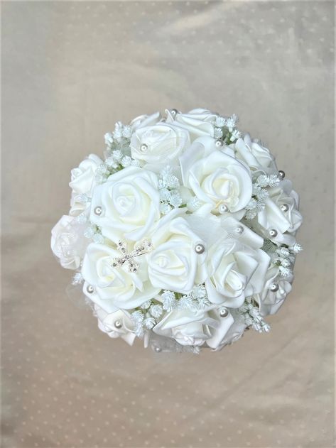 Communion Bouquet, Bouquet With Pearls, Quinceanera Flowers, Destination Wedding Flowers, Rhinestone Bouquet, Long Beach Ny, White Rose Bouquet, Bouquet Bridesmaid, Flower Girl Bouquet